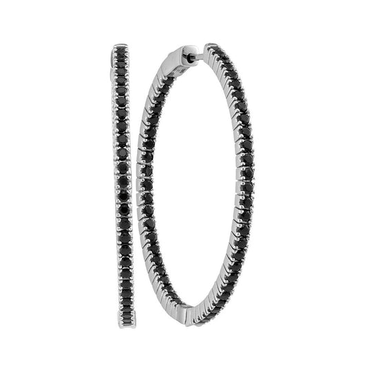 14kt White Gold Womens Round Black Sapphire Slender Inside Outside Hoop Earrings 3-3/4 Cttw