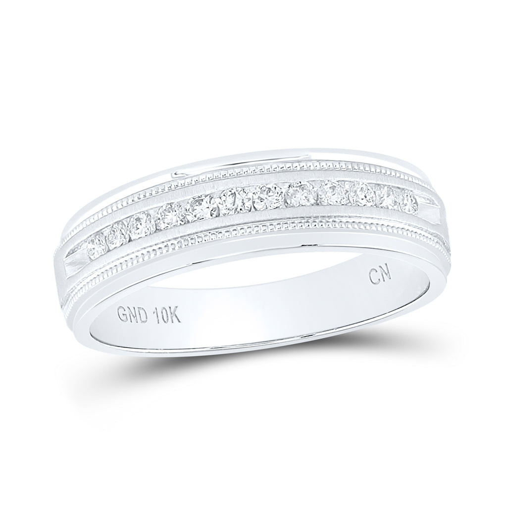 10K White Gold Mens Machine Set Round Diamond Wedding Channel Band Ring 1/4 Cttw, Mens Size: 7-13