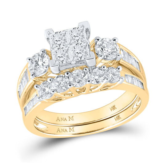 14K Yellow Gold Princess Diamond Bridal Wedding Ring Band Set 2 Cttw, Womens Size: 5-10