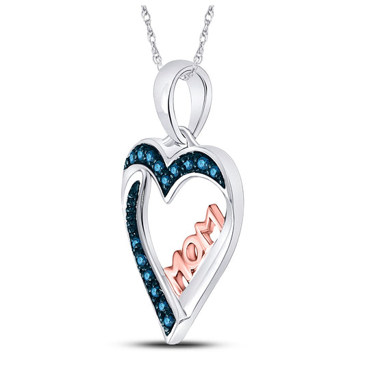 Sterling Silver Womens Round Blue Color Enhanced Diamond Heart Mom Pendant 1/10ctw, Length: 1.34 Inch Width: 0.53 Inch