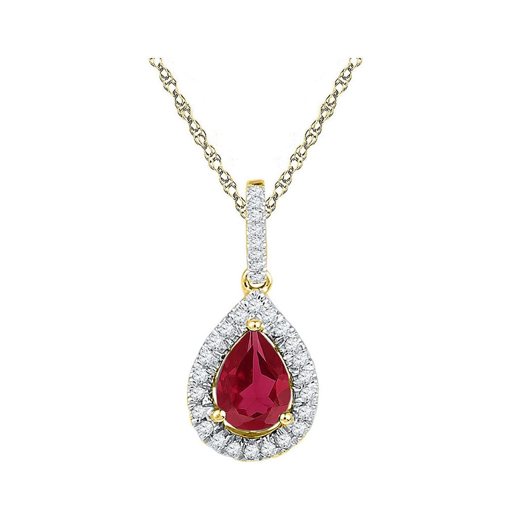 10K Yellow Gold Womens Pear Synthetic Ruby Solitaire Diamond Frame Pendant 1-7/8 Cttw