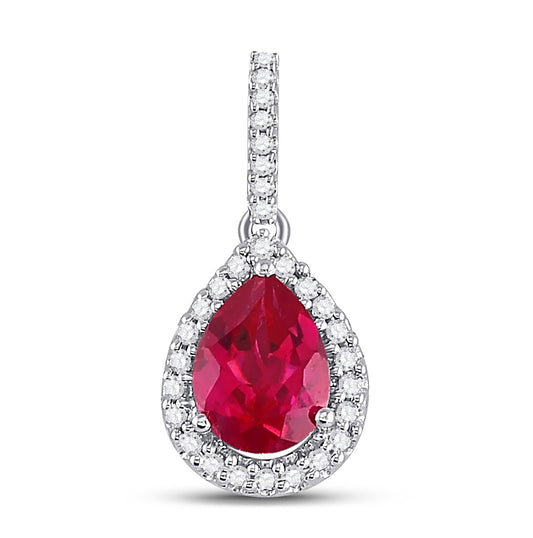 10K White Gold Womens Pear Synthetic Ruby Solitaire Diamond Frame Pendant 1-7/8 Cttw, Width: 0.33 In
