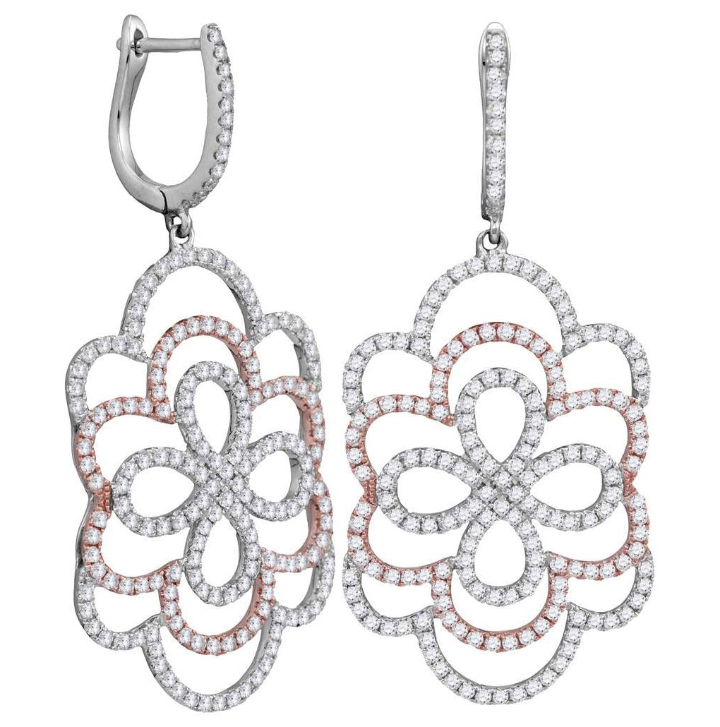 18K Two-tone Gold Womens Round Diamond Ripple Dangle Earrings 1-3/4 Cttw