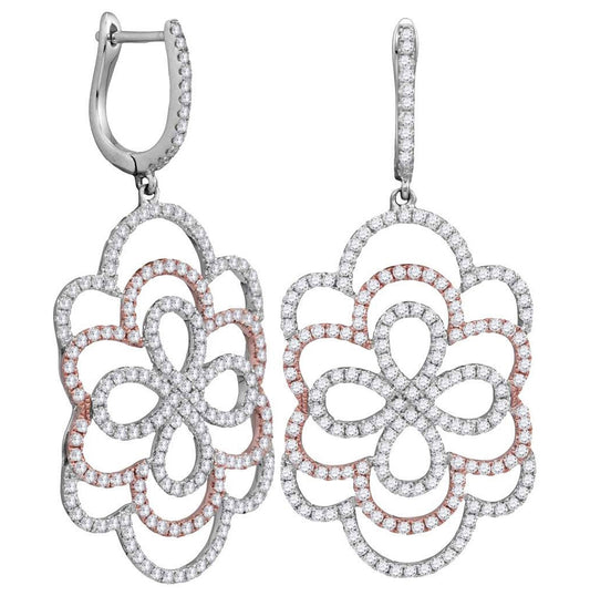 18K Two-tone Gold Womens Round Diamond Ripple Dangle Earrings 1-3/4 Cttw