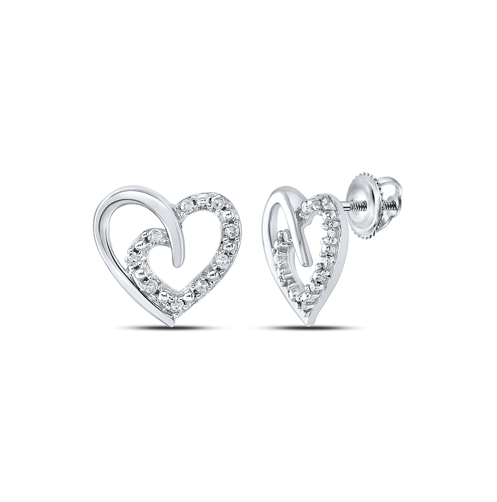 Sterling Silver Womens Round Diamond Heart Earrings 1/10ctw