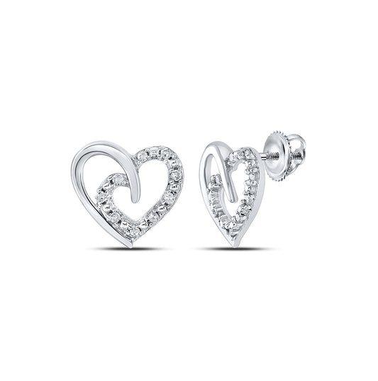 Sterling Silver Womens Round Diamond Heart Earrings 1/10ctw