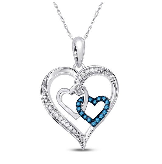 Sterling Silver Womens Round Blue Color Enhanced Diamond Heart Pendant 1/10ctw, Width: 0.63 In