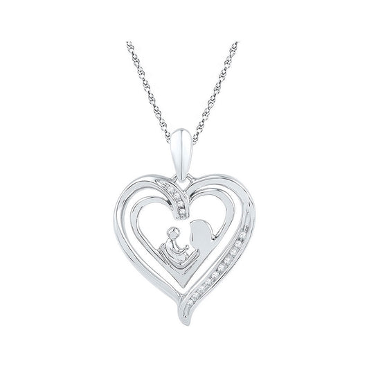 Sterling Silver Womens Round Diamond Mom Child Heart Pendant 1/20ctw, Width: 0.7 In