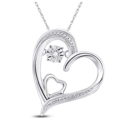 Sterling Silver Womens Round Diamond Double Heart Moving Twinkle Pendant .01ctw, Width: 0.56 In