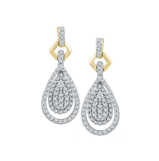 10kt Yellow Gold Womens Round Diamond Teardrop Cluster Dangle Earrings 1/2 Cttw