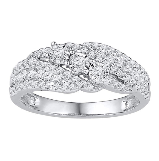 10K White Gold Womens Round Diamond 3-stone Band Ring 1/2 Cttw, Womens Size: 5-10