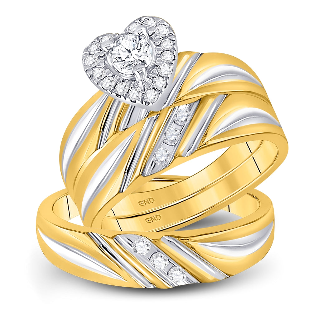 10K Yellow Gold His Hers Round Diamond Heart Matching Wedding Set 3/8 Cttw, Womens Size: 5-10, Mens Size: 7-13