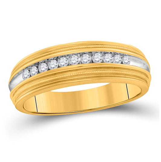 10K Yellow Gold Mens Round Diamond Two-tone Milgrain Wedding Anniversary Band Ring 1/4 Cttw, Mens Size: 7-13