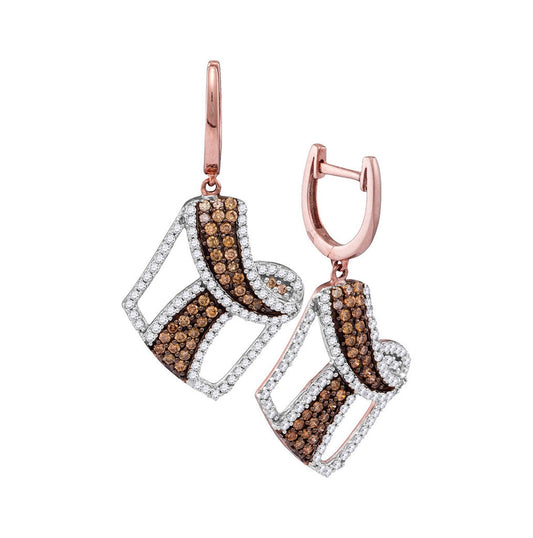 10kt Rose Gold Womens Round Brown Diamond Dangle Earrings 1-3/4 Cttw