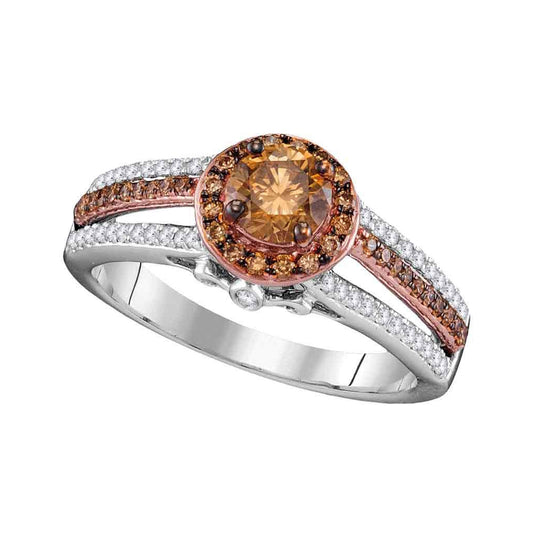 10kt Two-tone Gold Womens Round Brown Diamond Solitaire Bridal Wedding Engagement Ring 1.00 Cttw
