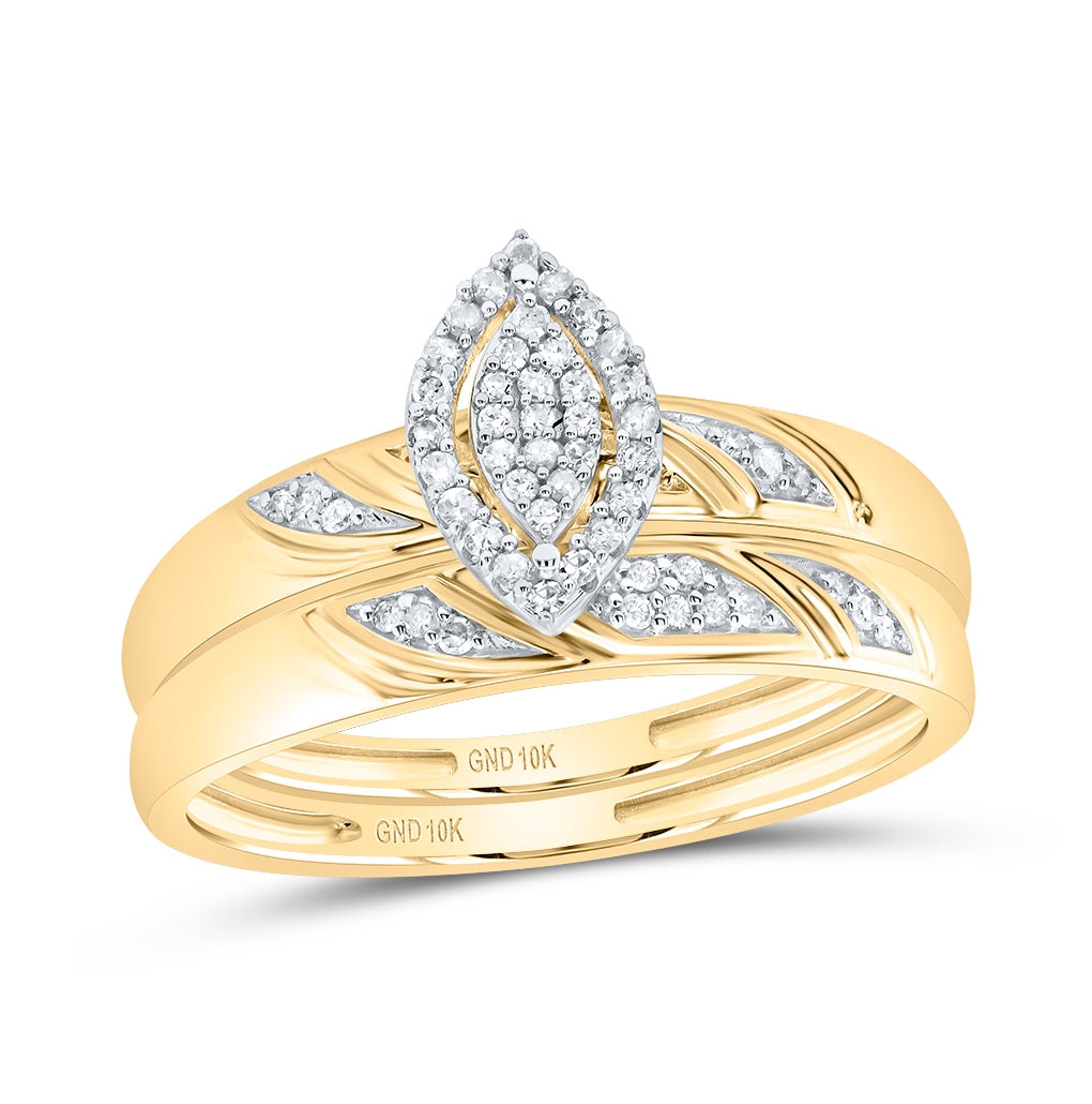 10k Yellow Gold Diamond His & Hers Matching Trio Wedding Engagement Bridal Ring Set 1/4 Cttw