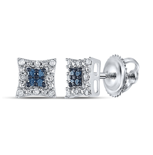 Sterling Silver Womens Round Blue Color Enhanced Diamond Square Earrings 1/10ctw