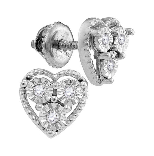 Sterling Silver Womens Round Diamond Heart Earrings 1/20ctw
