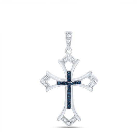 Sterling Silver Womens Round Blue Color Enhanced Diamond Cross Pendant 1/10ctw, Length: 1.24 Inch Width: 0.78 Inch