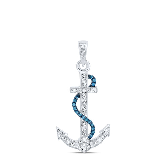 Sterling Silver Womens Round Blue Color Enhanced Diamond Nautical Anchor Pendant 1/10 Cttw, Length: 1.12 In, Width: 0.55 In
