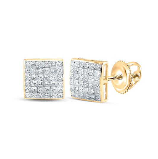 14kt Yellow Gold Womens Princess Diamond Square Cluster Stud Earrings 1-1/2 Cttw