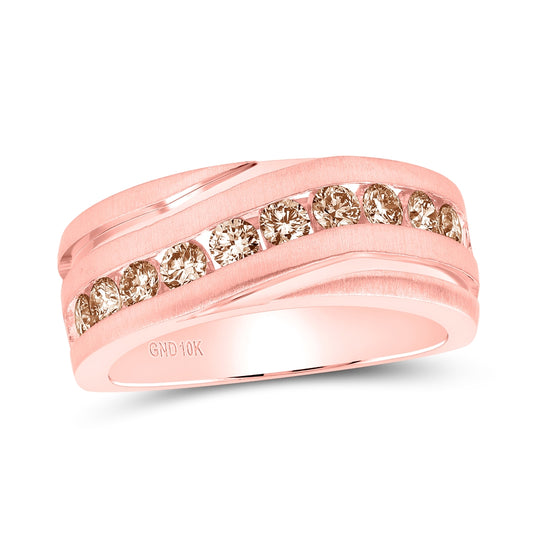 10K Rose Gold Mens Round Diamond Wedding Single Row Grooved Band Ring 1 Cttw, Mens Size: 7-13