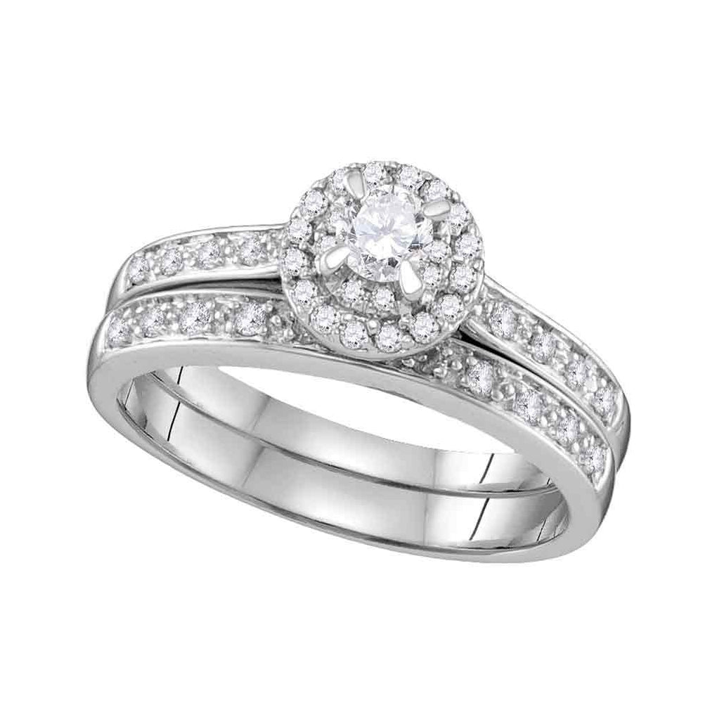 14k White Gold Womens Round Diamond Halo Bridal Wedding Engagement Ring Band Set 1/2 Cttw