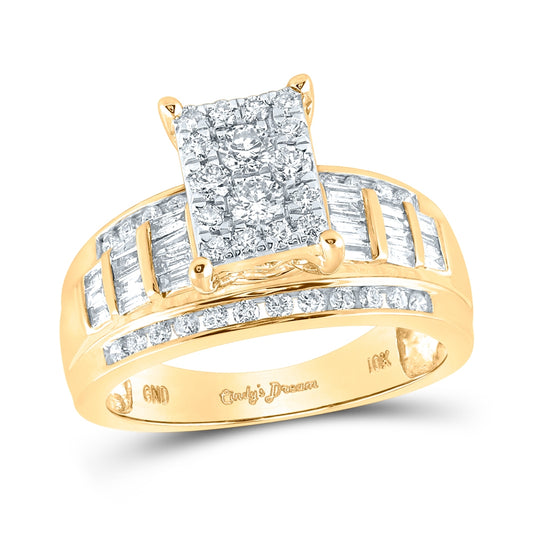 10kt Yellow Gold Womens Round Diamond Rectangle Cluster Bridal Wedding Engagement Ring 7/8 Cttw - Size 9