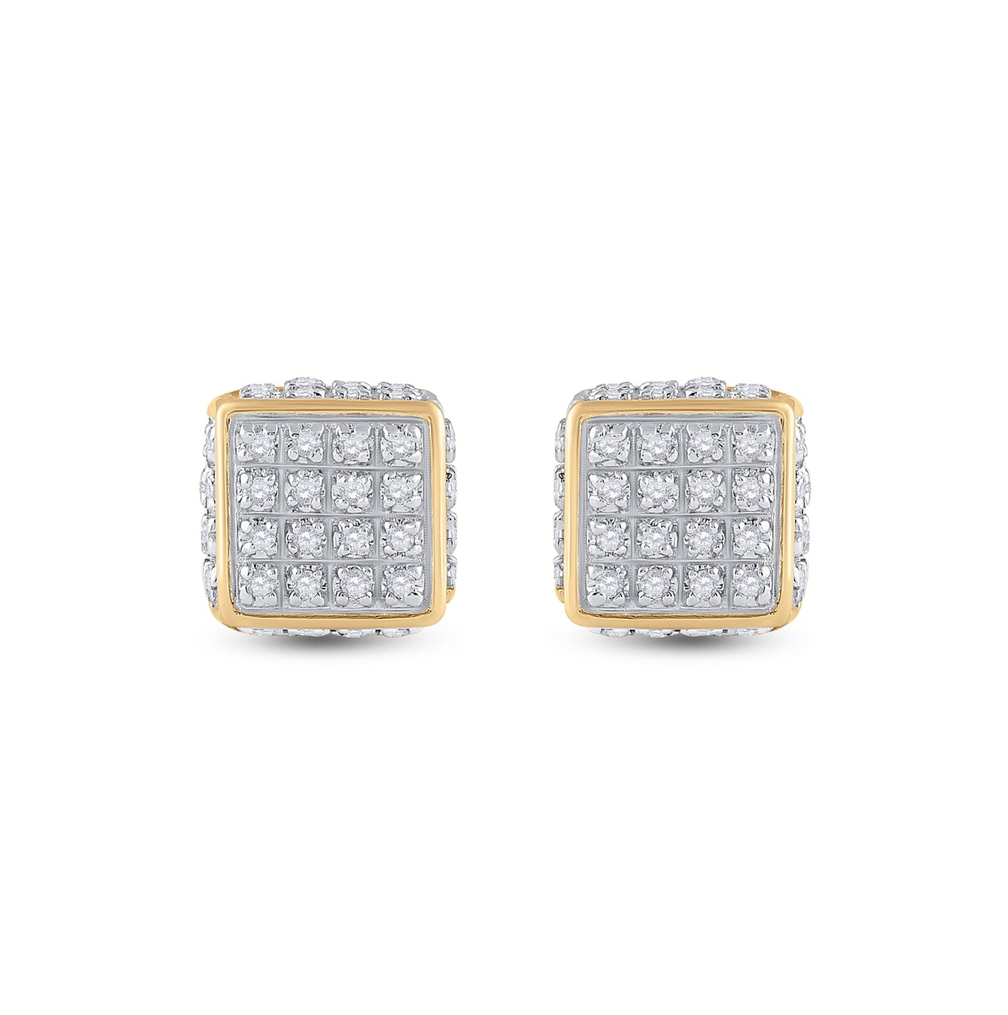 10K Yellow Gold Round Diamond 3D Square Stud Earrings 1/4 Cttw