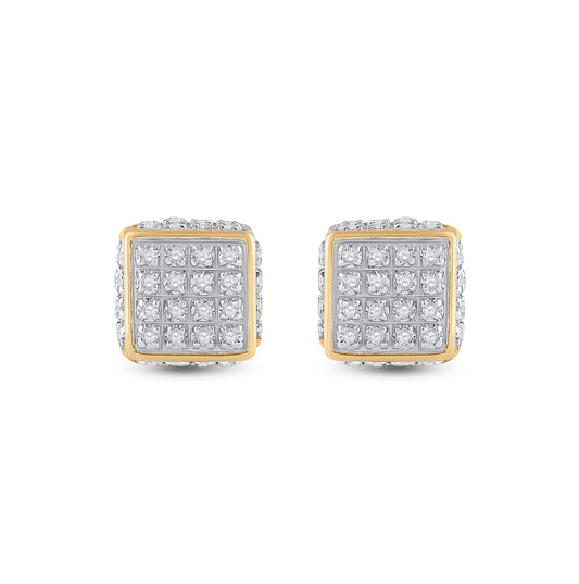 10K Yellow Gold Round Diamond 3D Square Stud Earrings 1/4 Cttw