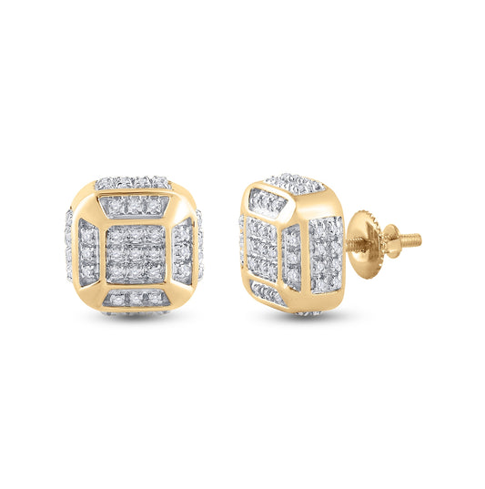 10K Yellow Gold Round Diamond Cushion Cluster Earrings 1/4 Cttw