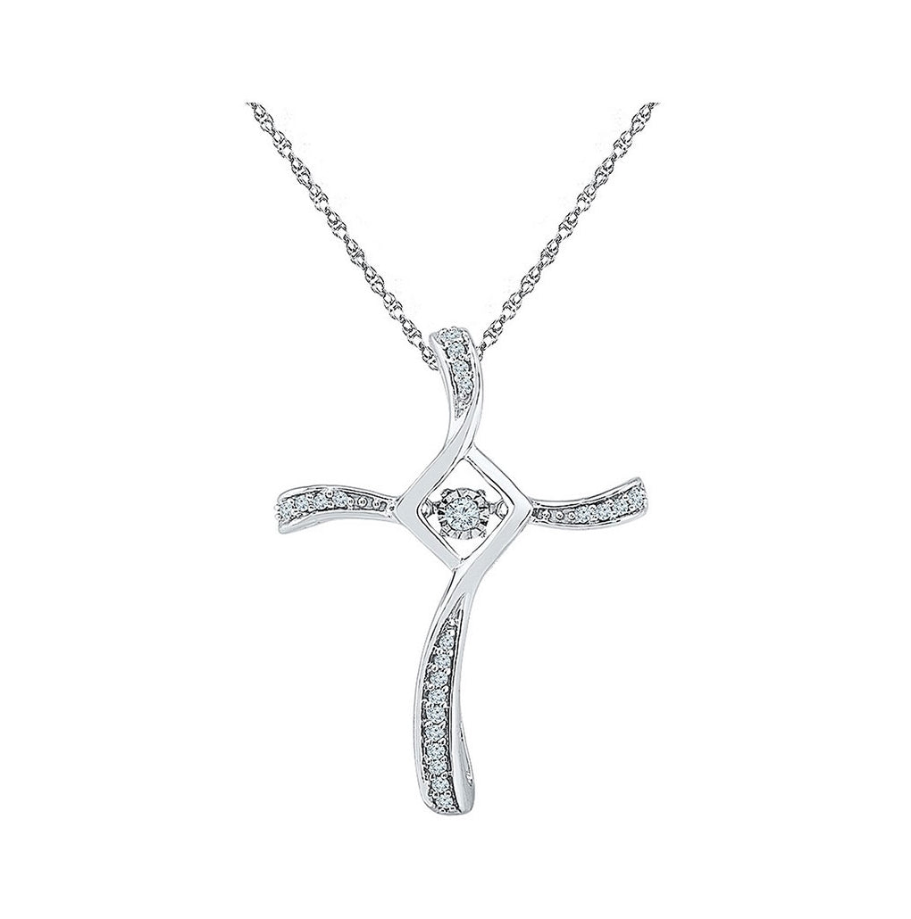 10kt White Gold Womens Round Diamond Moving Twinkle Cross Faith Pendant 1/8 Cttw