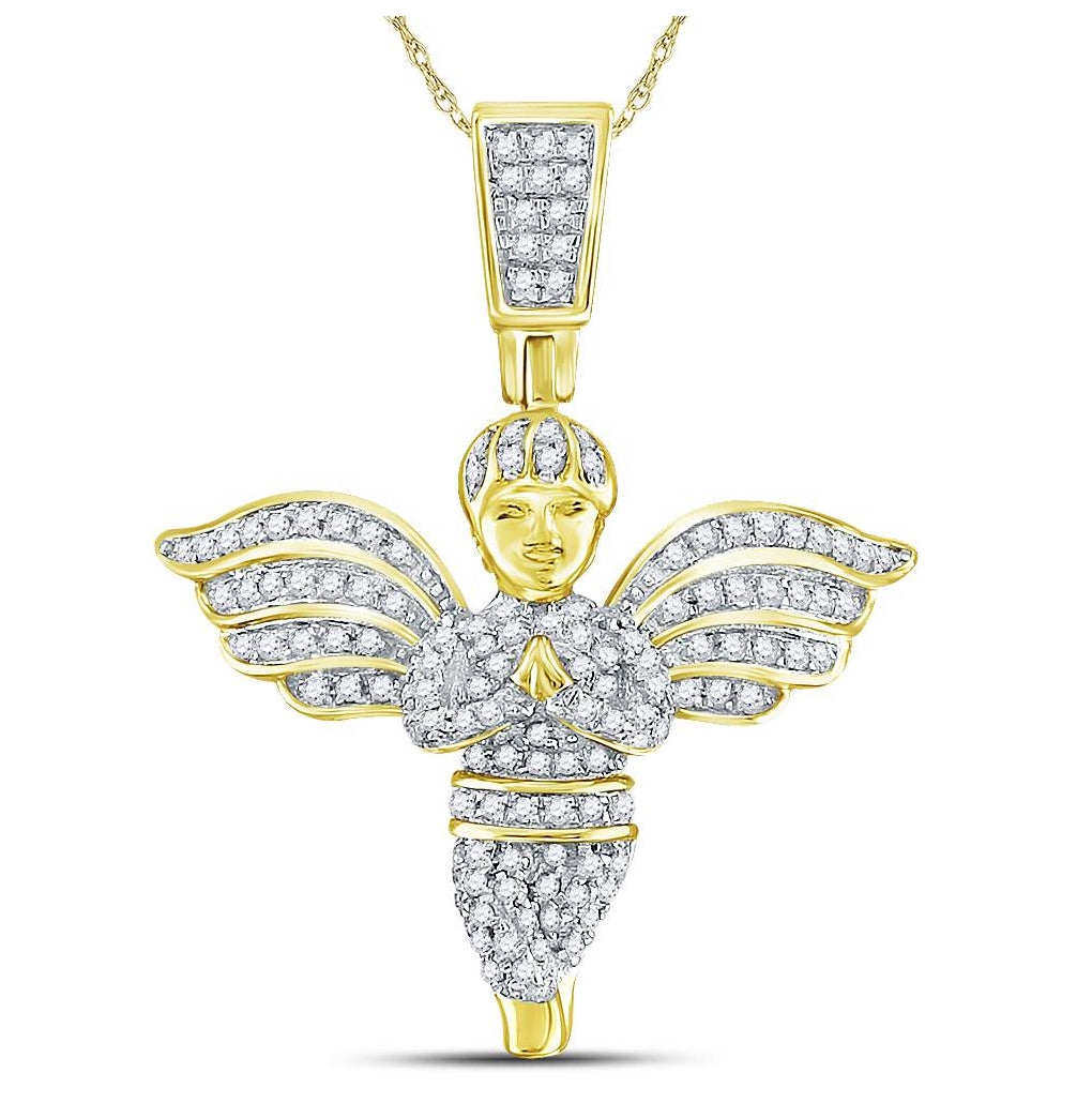 10K Yellow Gold Mens Round Angel Diamond Charm Pendant 3/8 Cttw, Length: 2.27 In, Width: 1.02 In