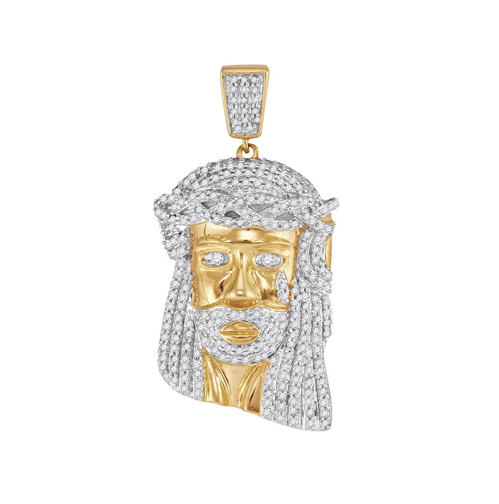 10K Yellow Gold Mens Round Diamond Jesus Face Charm Pendant 7/8 Cttw, Length: 1.32 In, Width: 0.85 In