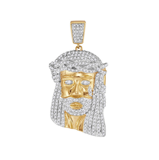 10K Yellow Gold Mens Round Diamond Jesus Face Charm Pendant 7/8 Cttw, Length: 1.32 In, Width: 0.85 In