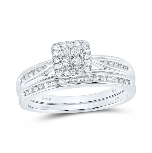 10K White Gold Diamond Square Cluster Bridal Wedding Ring Band Set 1/4 Cttw, Womens Size: 5-10