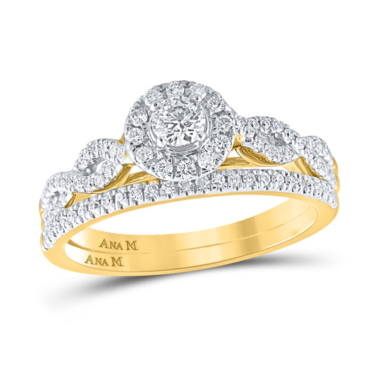14K Yellow Gold Round Diamond Halo Bridal Wedding Ring Band Set 1/2 Cttw, Womens Size: 5-10