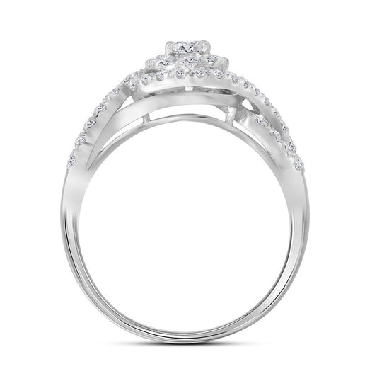 14K White Gold Round Diamond Swirl Halo Bridal Wedding Ring Band Set 1 Cttw, Womens Size: 5-10