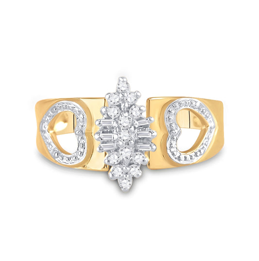 10K Yellow Gold Womens Round Diamond Double Heart Cluster Ring 1/8 Cttw, Womens Size: 5-10