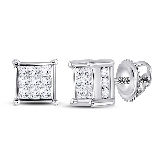 14K White Gold Womens Princess Diamond Cluster Stud Earrings 1/2 Cttw