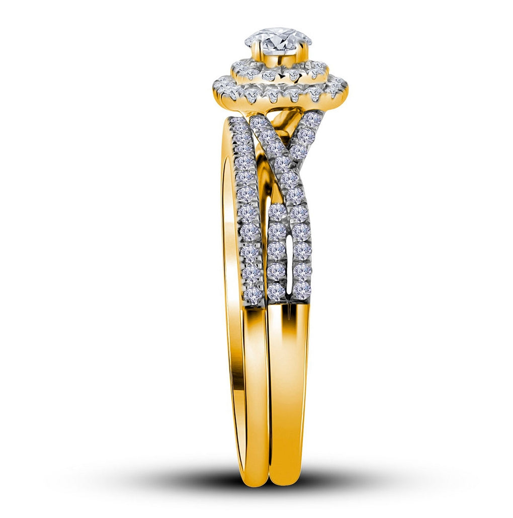 10K Yellow Gold Round Diamond Halo Bridal Wedding Ring Band Set 1/2 Cttw, Womens Size: 5-10
