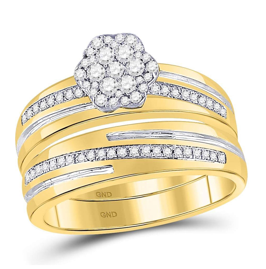 10K Yellow Gold His Hers Round Diamond Cluster Matching Wedding Set 3/8ctw, Women's Size: 5-10, Mens Size: 7-13