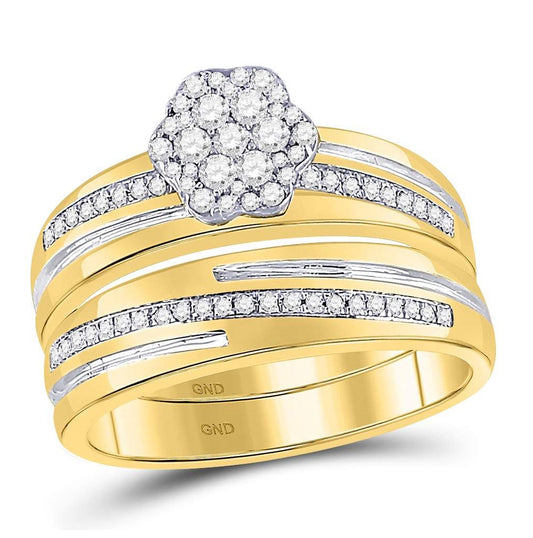 10K Yellow Gold His Hers Round Diamond Cluster Matching Wedding Set 3/8ctw, Women's Size: 5-10, Mens Size: 7-13