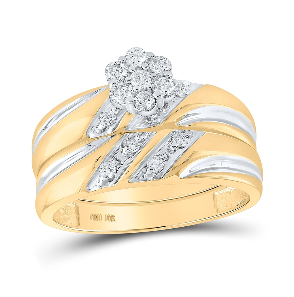 10K Yellow Gold His Hers Round Diamond Cluster Matching Wedding Set 3/8 Cttw, Womens Size: 5-10, Mens Size: 7-13