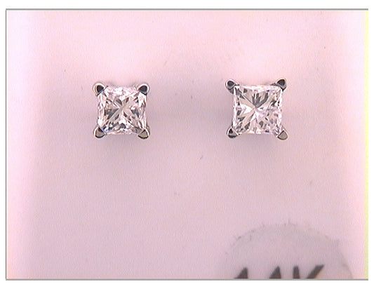 14kt White Gold 5/8ct-(exce) Dia Princess Studs Solitaire Earring