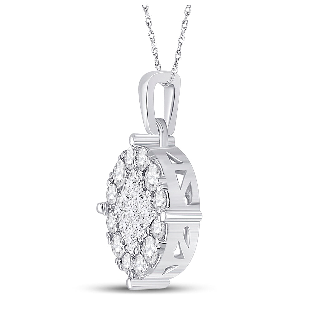 14K White Gold Womens Princess Diamond Circle Cluster Pendant 1 Cttw