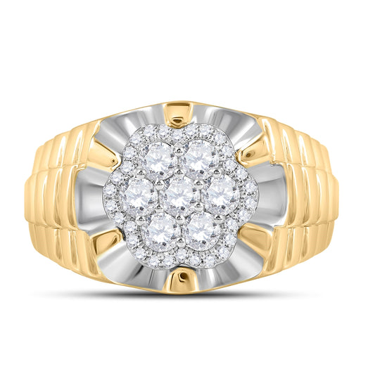 10K Two-tone Yellow White Gold Mens Round Diamond Flower Cluster Ribbed Ring 1 Cttw, Mens Size: 7-13