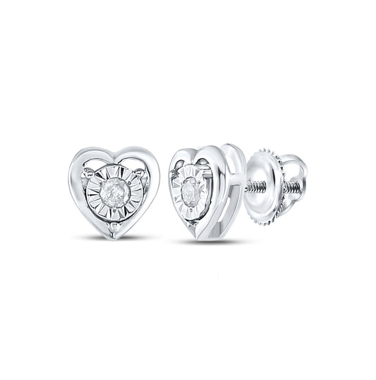 Sterling Silver Womens Round Diamond Heart Earrings 1/20ctw, Length: 0.22 Inch Width: 0.22 Inch