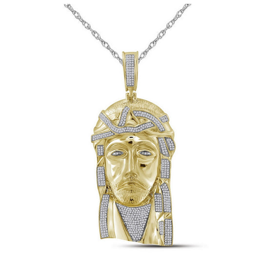 10K Yellow Gold Mens Round Diamond Jesus Charm Pendant 1-5/8 Cttw, Length: 3.3 In, Width: 1.35 In