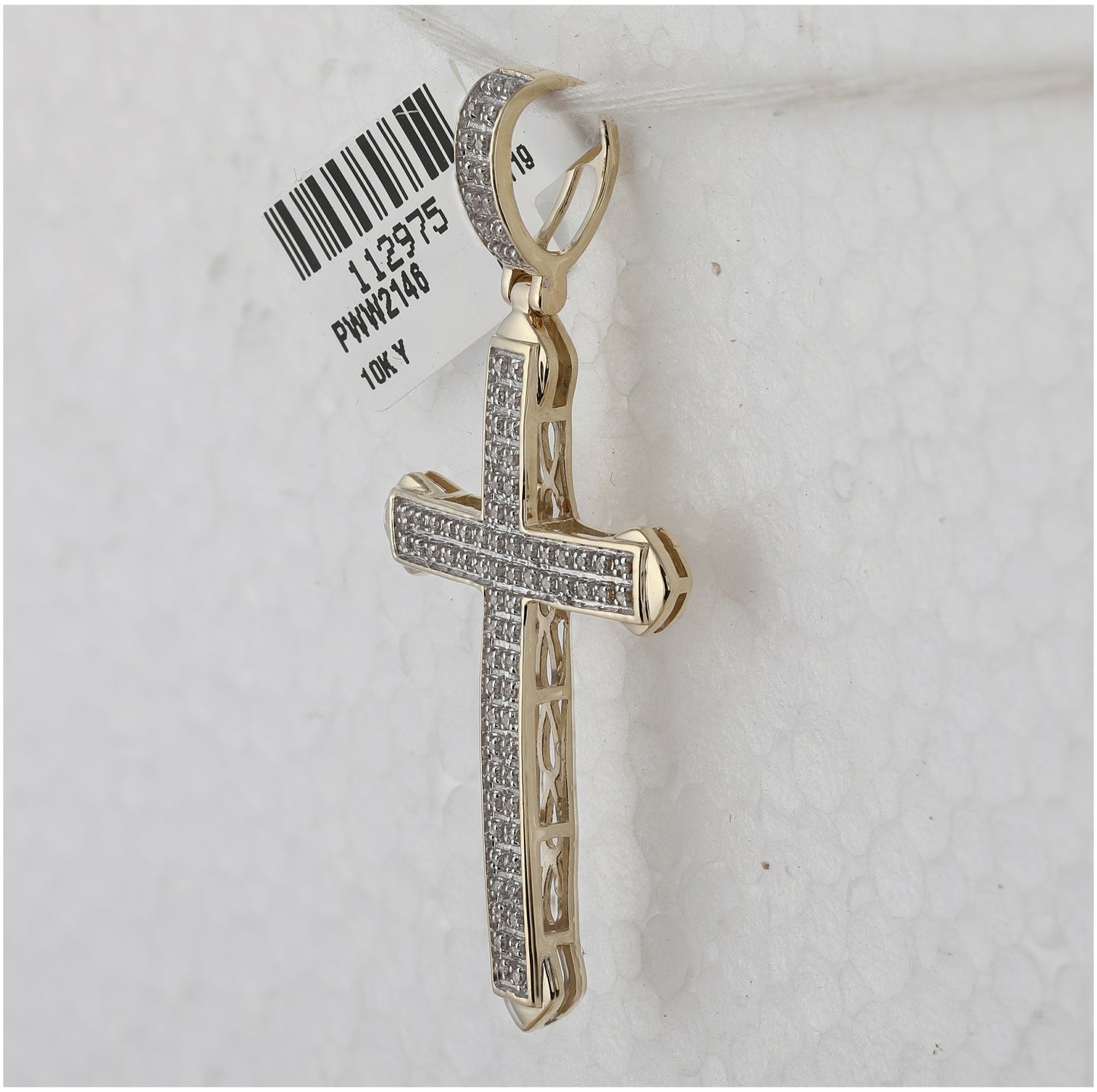 10K Yellow Gold Mens Round Diamond Cross Charm Pendant 1/4 Cttw, Length: 2.02 In, Width: 1.06 In